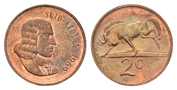 ЮАР 2 цента 1969 Ян ван Рибек (1619-1677), Suid Africa, легенда на африкаанс, антилопа гну KM 66.2 бронза UNC 4622-416