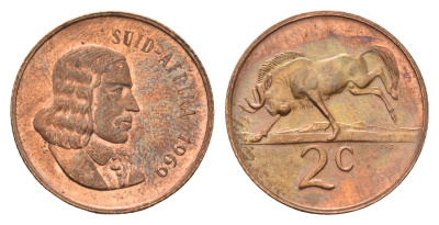 ЮАР 2 цента 1969 Ян ван Рибек (1619-1677), Suid Africa, легенда на африкаанс, антилопа гну KM 66.2 бронза UNC 4622-416