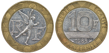 Франция 10 франков 1988 тип Гений Бастилии KM 964.1, Le Frank 375.2 биметалл 45-531