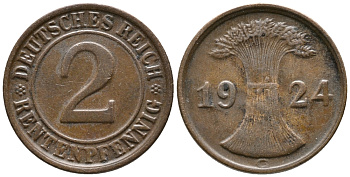 ГЕРМАНИЯ 2 РЕНТЕНПФЕННИГА 1924 G KM 31, J. 307 бронза 24-643
