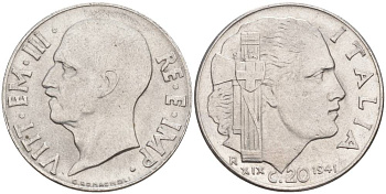 ИТАЛИЯ 20 ЧЕНТЕЗИМО 1941 R, ГОД XIX, ВИКТОР ЭММАНУИЛ III (1900-1946) KM 75b, VEM3. 1028 нержавеющая сталь 3853-655