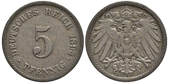 ГЕРМАНИЯ 5 ПФЕННИГОВ 1894 J KM 11, Jager 12, Weege 6 медно-никель 4547-343