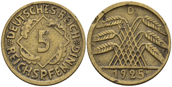 Германия 5 рейхспфеннигов 1925 D KM 39, J. 316 алюминиевая бронза 4151-719