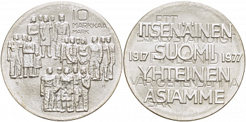 Финляндия 10 марок 1977 K-H, 60 лет независимости (1917-1977) KM 55 серебро UNC 1515-1432