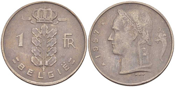 БЕЛЬГИЯ 1 ФРАНК 1957 BELGIE, БОДУЭН I (1951-1993) KM 143.1 медно-никель 213-325