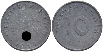 ГЕРМАНИЯ 10 РЕЙХСПФЕННИГОВ 1944 A KM 101, J. 371 цинк 4401-527