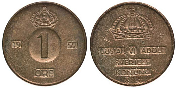 Швеция 1 эре 1957 T;S, Густав VI Адольф (1950-1973) KM 820 бронза 112-911