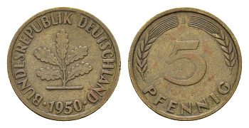 ФРГ 5 пфеннигов 1950 J KM 107, J. 382 сталь плакированная латунью 4618-1052