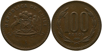 Чили 100 песо 1999 So KM 226.2, Schon 71 алюминиевая бронза 4388-242