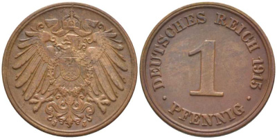 ГЕРМАНИЯ 1 ПФЕННИГ 1915 J KM 10, J. 10, Weege 2 медь 206-447