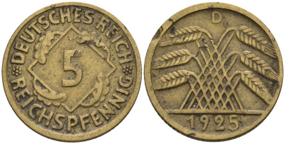 Германия 5 рейхспфеннигов 1925 D KM 39, J. 316 алюминиевая бронза 4151-719