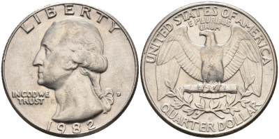 США 25 центов = квотер 1982 D, Вашингтон KM A164a медь плакированная медно-никелем 4584-1136