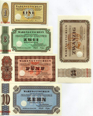 ФРГ, Bethel, Билефельд набор из 5 бон (1, 2, 5, 10, 20 марок) 1958-1973 ваучер на получение товаров и услуг в магазине для людей с ограниченными физическими возможностями и нуждающихся в постоянном уходе бумага UNC (пресс) 450-114-1