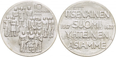 Финляндия 10 марок 1977 K-H, 60 лет независимости (1917-1977) KM 55 серебро UNC 1515-1432