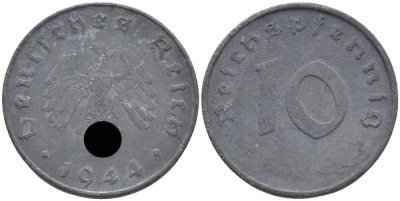 ГЕРМАНИЯ 10 РЕЙХСПФЕННИГОВ 1944 A KM 101, J. 371 цинк 4401-527