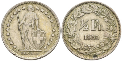 Швейцария 1/2 франка 1959 B KM 23 серебро 4608-518