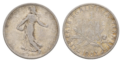 Франция 1 франк 1903 редкий год - тираж 472.000 KM 844 серебро 1519-832