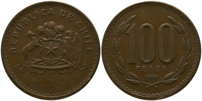 Чили 100 песо 1999 So KM 226.2, Schon 71 алюминиевая бронза 4388-242