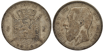 БЕЛЬГИЯ 1 ФРАНК 1886 ЛЕОПОЛЬД II (1865-1909), BELGES, РАЗНОВИДНОСТЬ БЕЗ ТОЧКИ В ПОДПИСИ KM 28.2 серебро 443-632