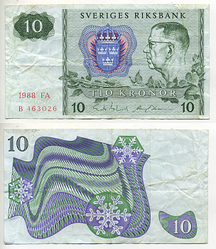 ШВЕЦИЯ 10 КРОН 1988 СЕРИЯ FA Pick 52e бумага 7553-15-3