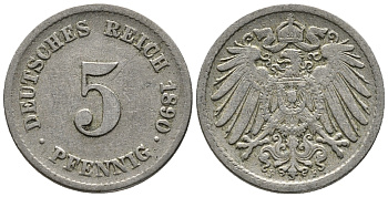 ГЕРМАНИЯ 5 ПФЕННИГОВ 1890 F KM 11, J. 12 медно-никель 39-632