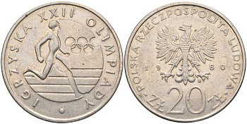 Польша 20 злотых 1980 MW, XXII летние Олимпийские Игры, Москва 1980, бегун KM 108, Parchimowicz 252 медно-никель 4531-134