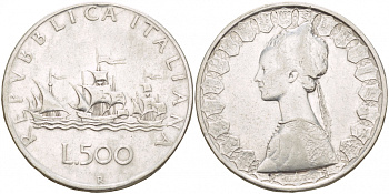 Италия 500 лир 1959 R, корабли Колумба KM 98 серебро 4545-541