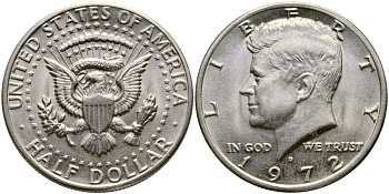 США 1/2 доллара (50 центов) 1972 D, Джон Кеннеди KM 202b медь плакированная медно-никелем 413-4415