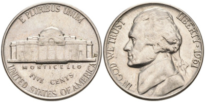 США 5 центов 1961 D, Джефферсон KM А192 медно-никель 92-1043