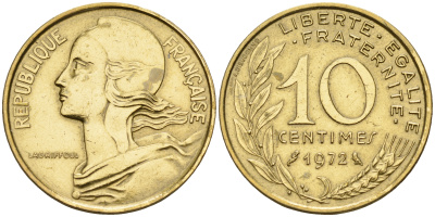 Франция 10 сантимов 1972 тип Марианна KM 929 медь алюминий никель    4152-1233