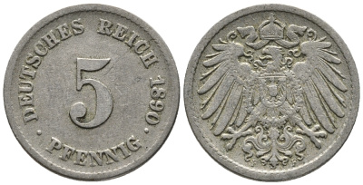 ГЕРМАНИЯ 5 ПФЕННИГОВ 1890 F KM 11, J. 12 медно-никель 39-632