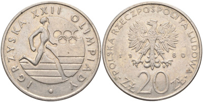 Польша 20 злотых 1980 MW, XXII летние Олимпийские Игры, Москва 1980, бегун KM 108, Parchimowicz 252 медно-никель 4531-134