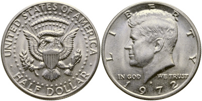 США 1/2 доллара (50 центов) 1972 D, Джон Кеннеди KM 202b медь плакированная медно-никелем 413-4415