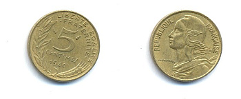 ФРАНЦИЯ 5 САНТИМОВ 1980 ТИП MARIANNE KM 933 медь алюминий никель 4379-564