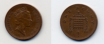 Великобритания 1 пенни 1990 Елизавета II (1952-2022) KM 935, Spink 4381 (B3) бронза 62-2727