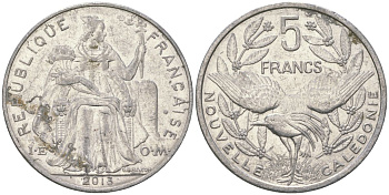 Французская Новая Каледония 5 франков 2013 птица кагу, (IEOM) KM 16, Schoen 12, Lec 81k алюминий 4117-113