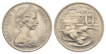 Австралия 20 центов 1981 Елизавета II (1952-2022), утконос KM 66 медно-никель UNC 4379-1116