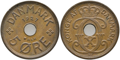 ДАНИЯ 5 ЭРЕ 1927 HCN; GJ, КРИСТИАН X (1912-1947) KM 828.1 бронза 32-245