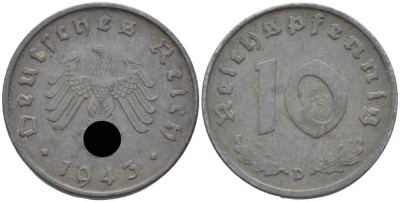 ГЕРМАНИЯ 10 РЕЙХСПФЕННИГОВ 1943 D KM 101, J. 371 цинк 4401-551