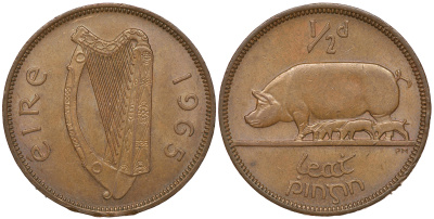 ИРЛАНДИЯ 1/2 ПЕННИ 1965 СВИНЬЯ С ПОРОСЯТАМИ KM 10 бронза 4391-114