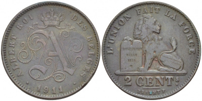 БЕЛЬГИЯ 2 САНТИМА 1911 BELGES KM 64 медь 110-212
