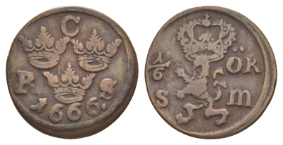 Швеция 1/6 эре 1666 Карл XI (1660-1697) KM 254 медь 59-244