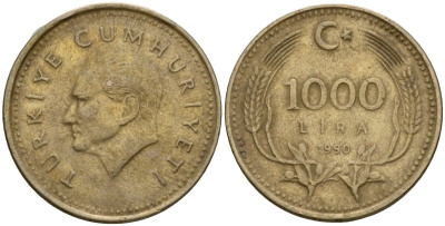 Турция 1000 лир 1990 Кемаль Ататюрк KM 997 медь цинк никель 4601-653
