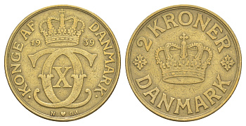 Дания 2 кроны 1939 N, Кристиан X (1912-1947) KM 825 алюминиевая бронза 4653-521