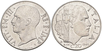 ИТАЛИЯ 20 ЧЕНТЕЗИМО 1941 R, ГОД XIX, ВИКТОР ЭММАНУИЛ III (1900-1946) KM 75b, VEM3. 1028 нержавеющая сталь 3853-932