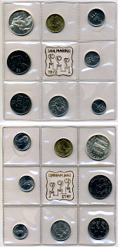 Сан-Марино годовой набор из 8 монет 1972 1, 2, 5, 10, 20, 50, 100 и 500 лир мать поднимает ребенка в воздух KM 14-21, в оригинальной пластиковой запайке серебро KM MS1 серебро UNC 3-4-5-8