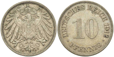 ГЕРМАНИЯ 10 ПФЕННИГОВ 1912 G KM 12, J. 13, Weege 8 медно-никель 212-225