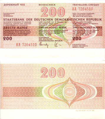ГДР 200 марок 1990 дорожный чек, серия АА бумага UNC (пресс) 7375-40-1-2