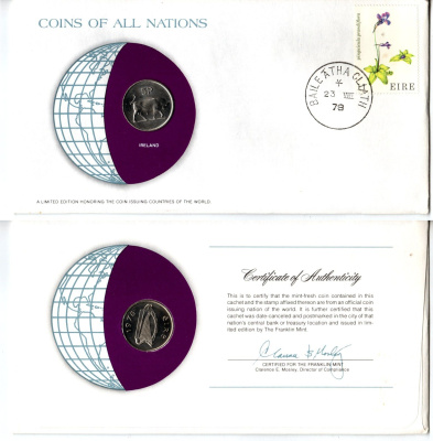 Ирландия 5 пенсов 1976 конверт с маркой первого дня гашения, Coins of Nations KM 22 медно-никель UNC 4295-11-3