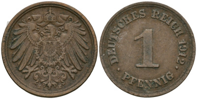 Германия 1 пфенниг 1912 E, Вильгельм II (1888-1918) KM 10, J. 10 медь 4608-164